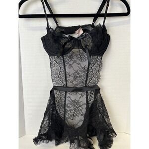 Victoria's Secret Black Floral Lace Underwire Teddy Bodysuit Small S/P Eyelash